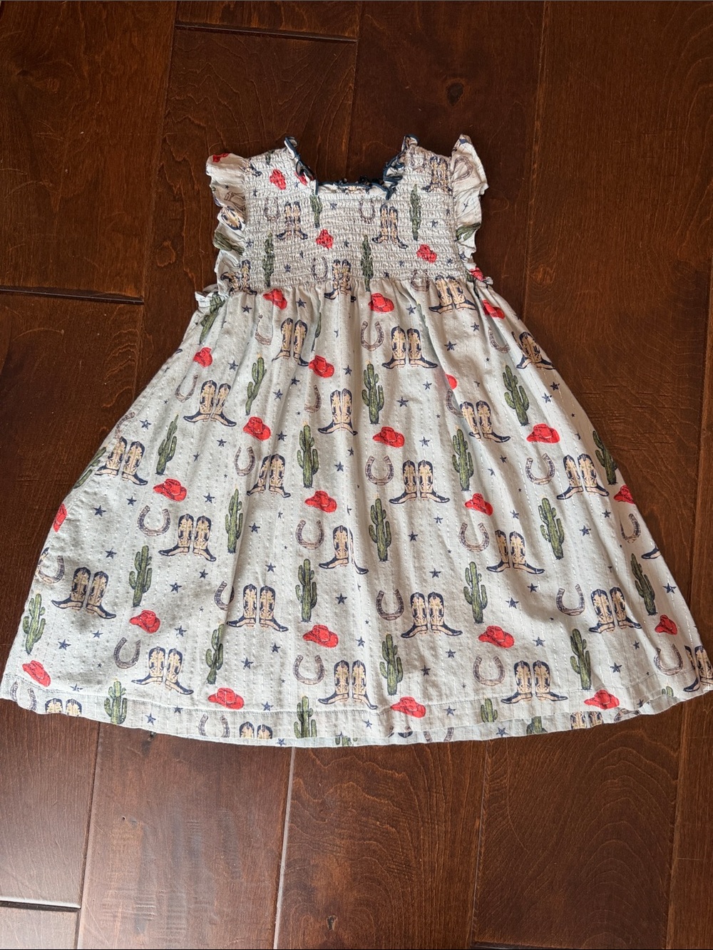 Pink Chicken White Sundress with Red, Green & Blue Western Motif
